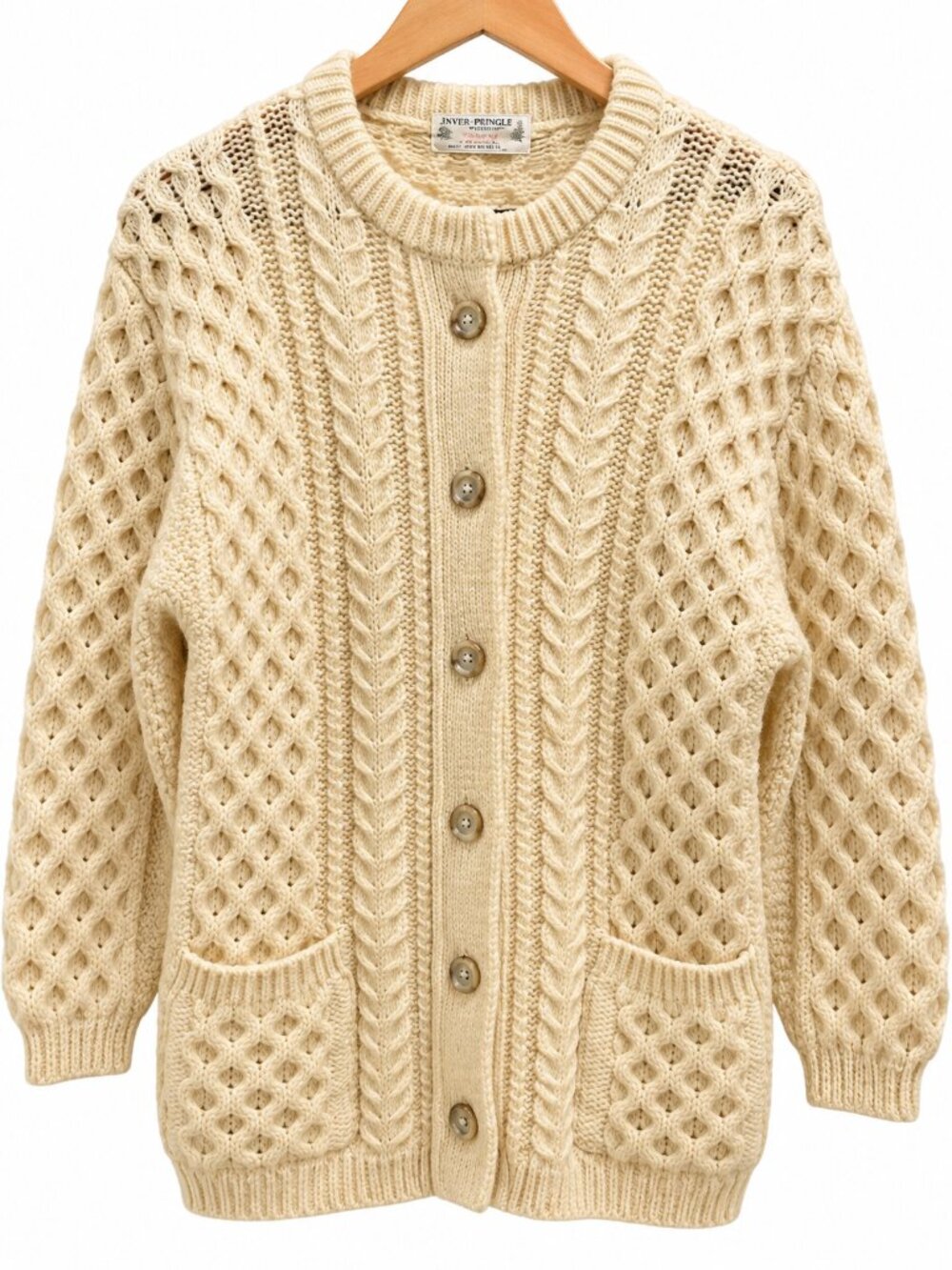 Vintage James Pringle Scottish Wool Aran Cable Knit Cardigan Made Scotland M